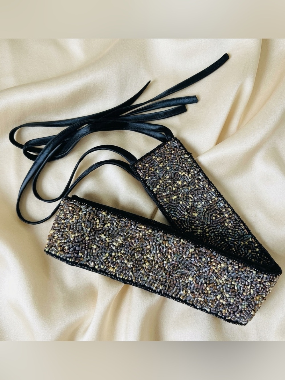 VTG Beaded Sash Tie Belt Black Satin Iridescent Gold Silver Evening Holiday Boho